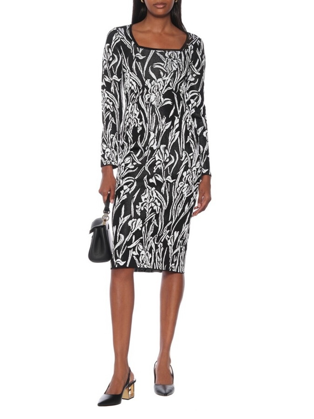 Givenchy Black and White Floral Long-Sleeve Sheath Dress